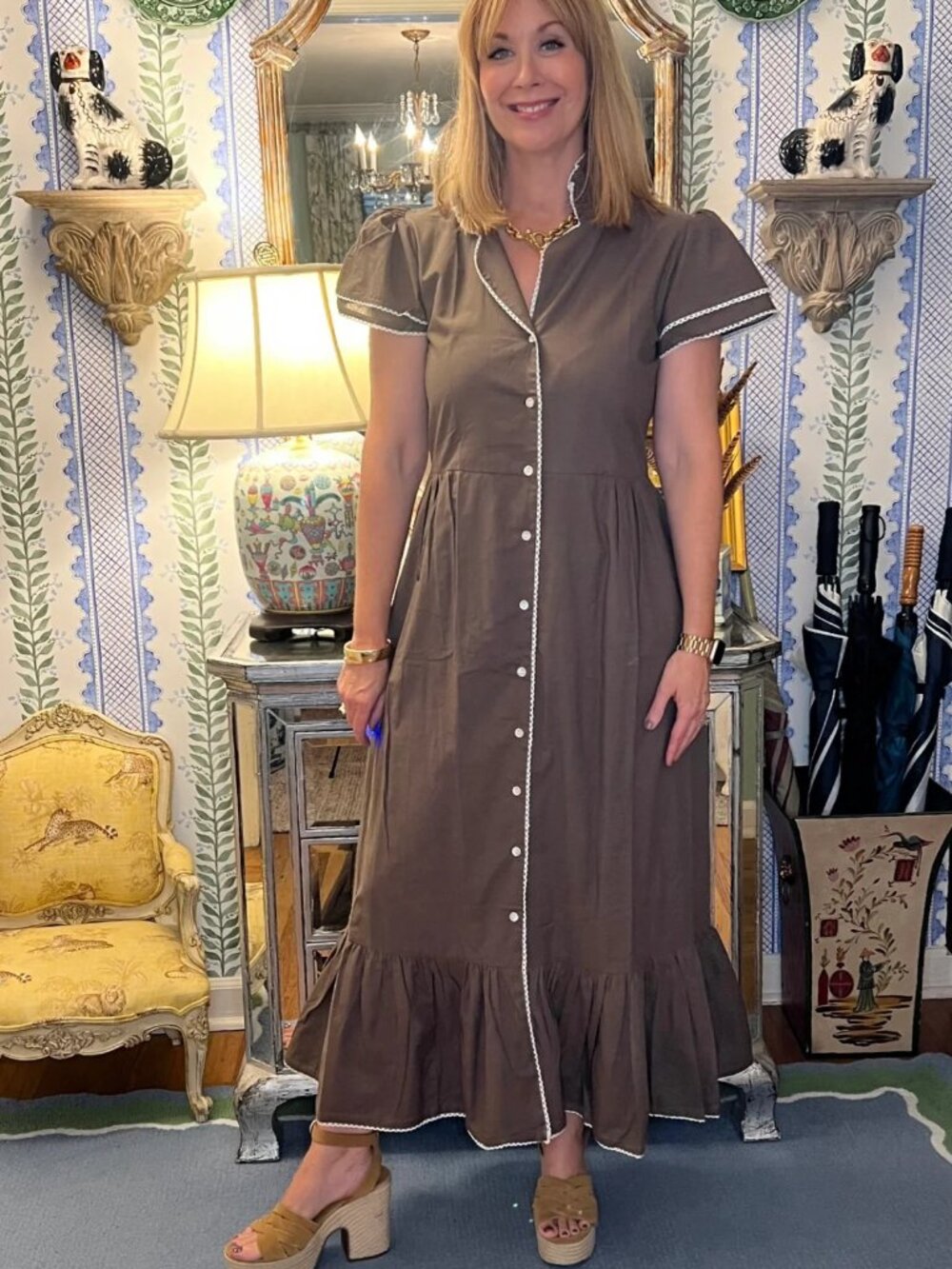 Miss Madigan Heather Maxi Dress in Brown with White Lace Trim NWT S